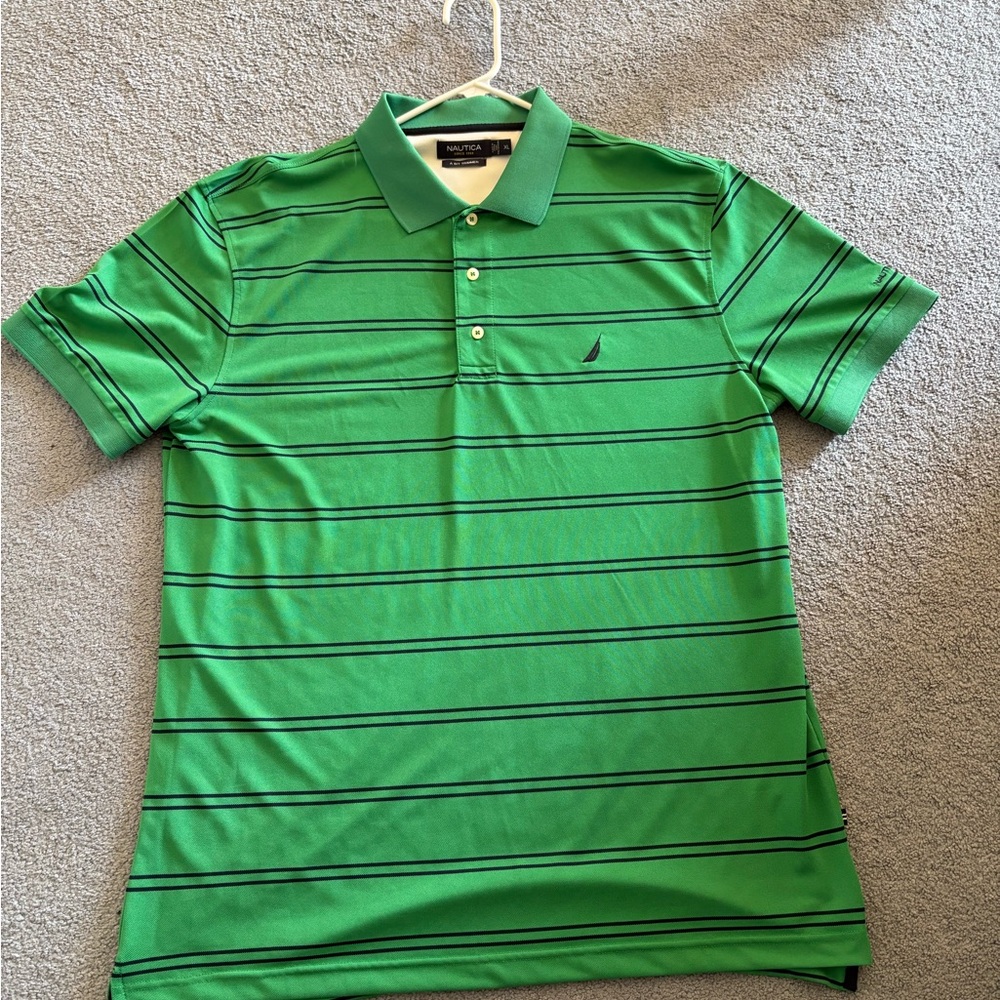 Nautica Men's Polo Shirt in Green with Black Stripes